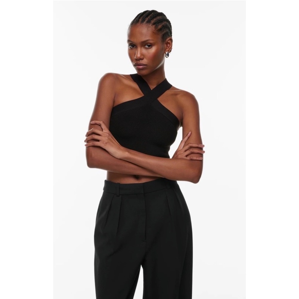 Aritzia Babaton Sculpt Knit Criss Cross Halter Crop Top XS Black